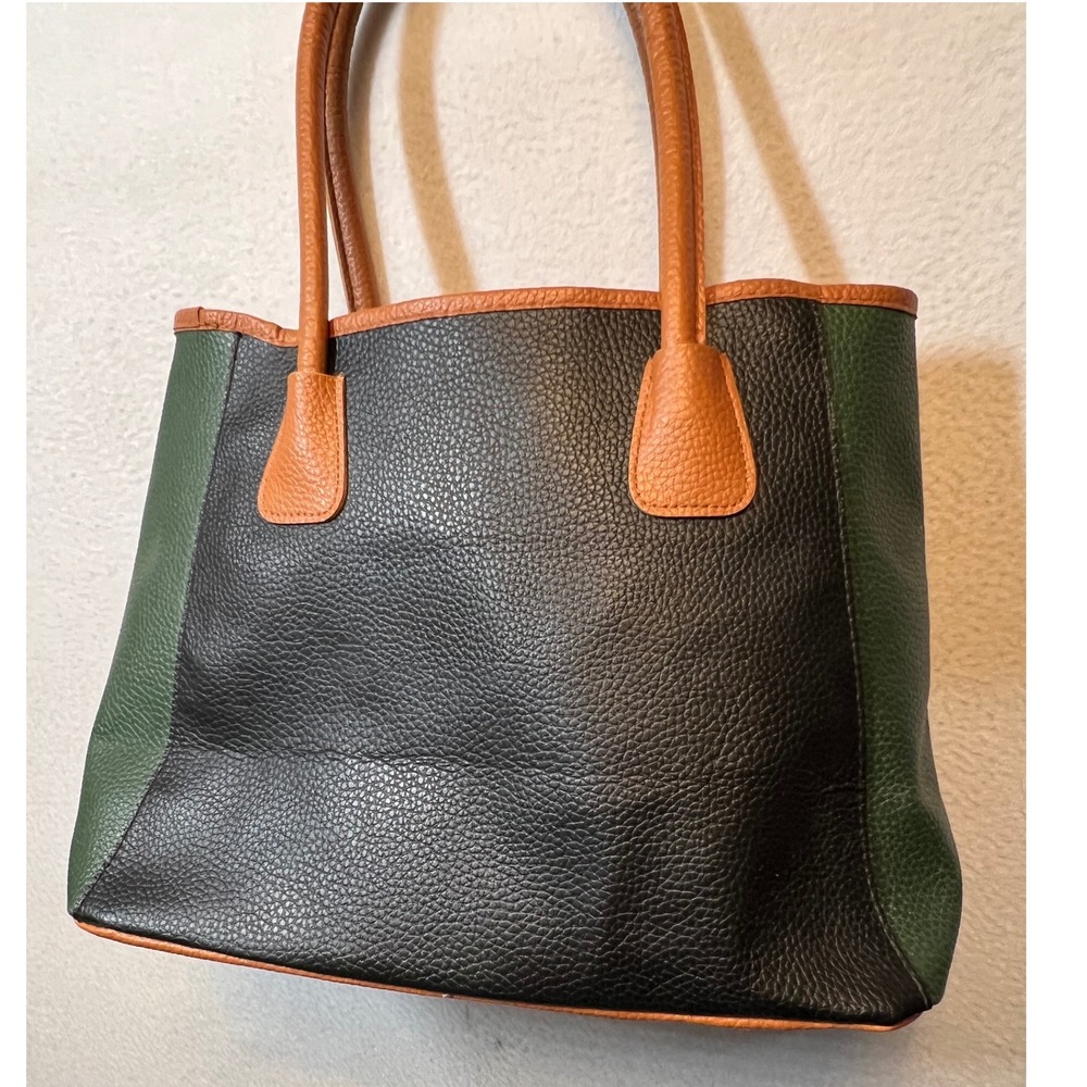 Neiman Marcus‎ Colorblock Tote Bag Brown Black Green Faux Leather Top Handle - Picture 3 of 9